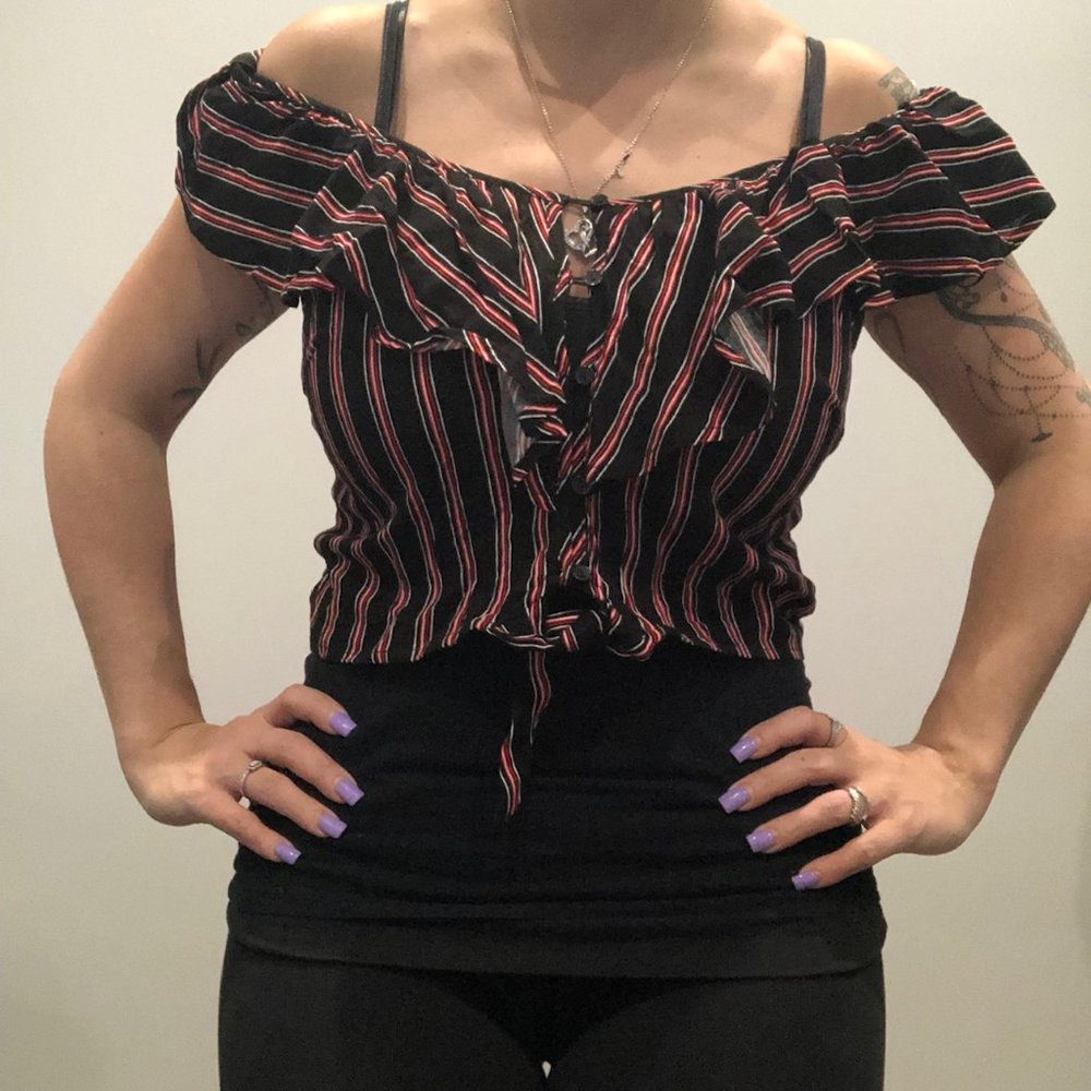 NWT Ambiance Large Black Red‎ White Striped Crop Top Off the Shoulders